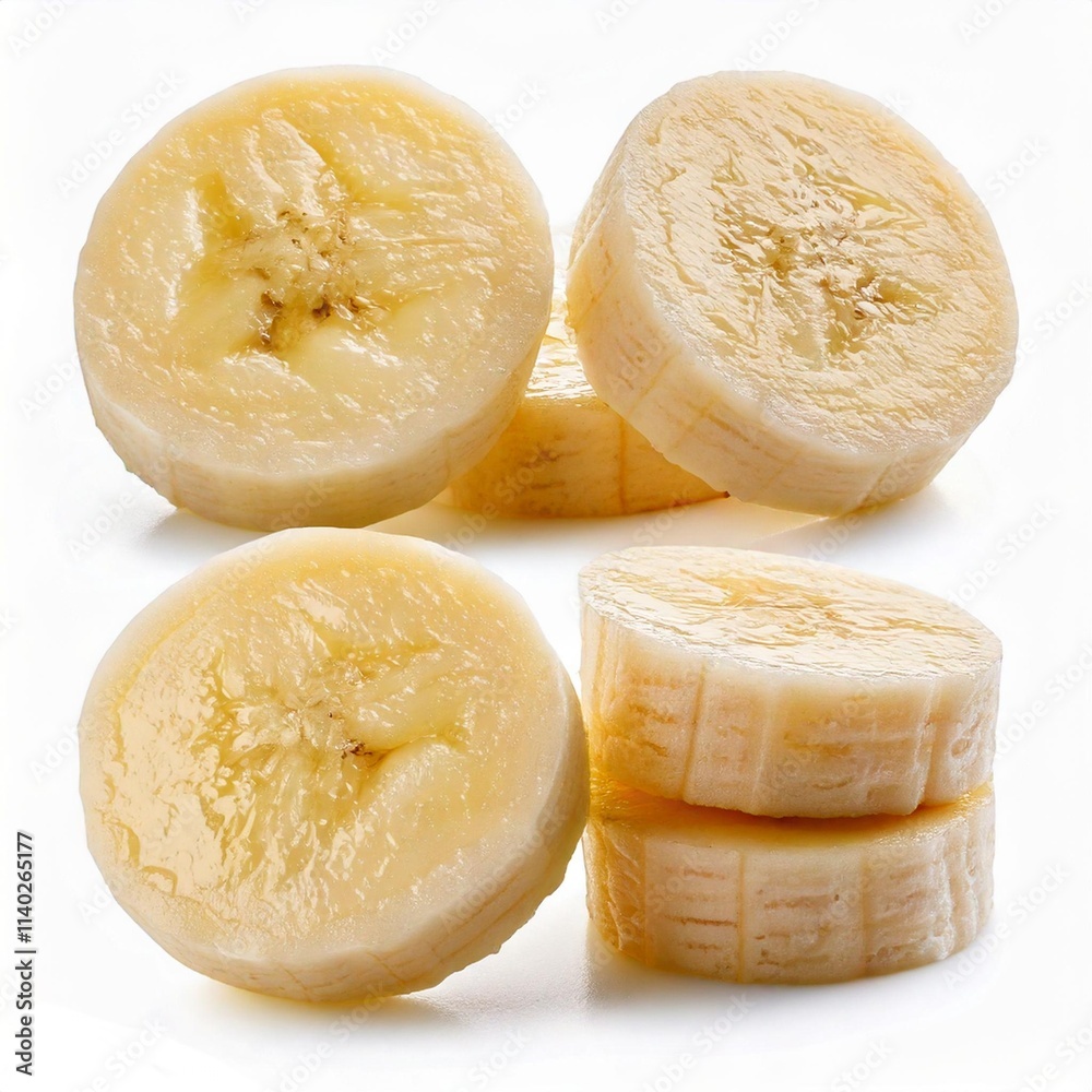 Delicious banana slices set, isolated on white background Delicious banana slices set, isolated on white background