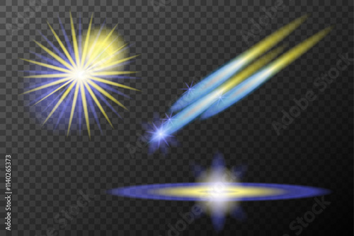 Set of light effects isolated flare explosion shiny line dust solar flare star spark neon light holidays festival, vector element blue yellow