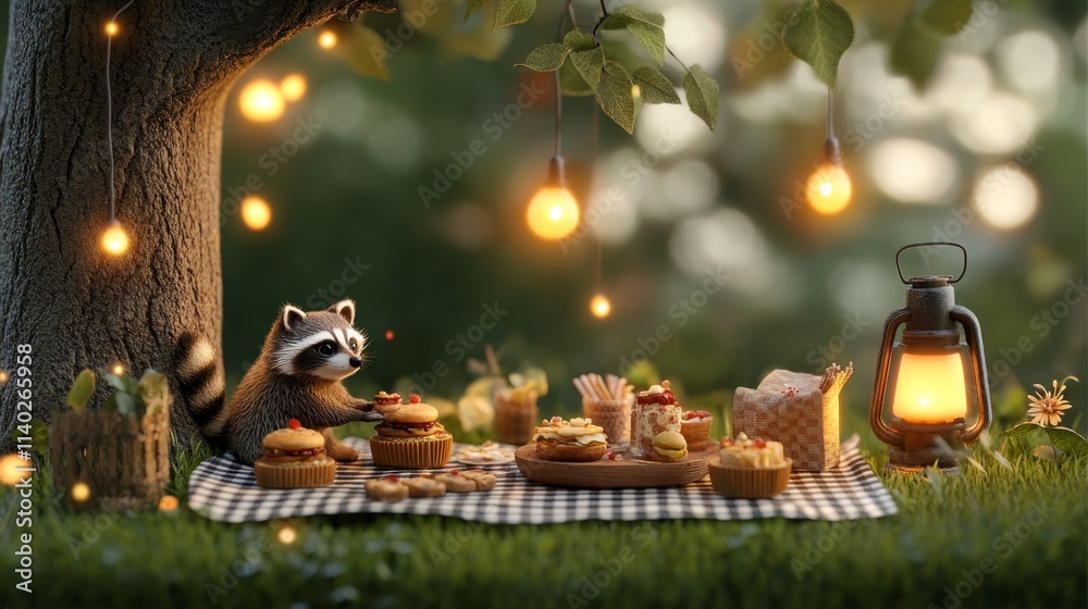 Fototapeta premium Enchanting Scene: Raccoons Hosting a Miniature Picnic under a Glowing Tree with Tiny Treats and Lanterns, Photorealistic Illustration