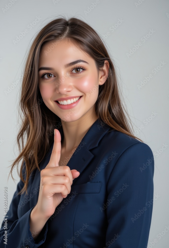 Office Lady in Blue Shirt Pointing Up with Confident Smile, Like Getting an Idea Office Lady in Blue Shirt Pointing Up with Confident Smile, Like Getting an Idea