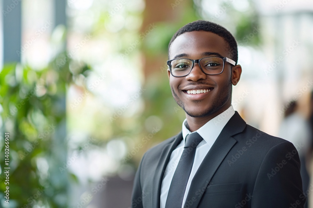 Smiling businessman wearing suit and glasses in modern office