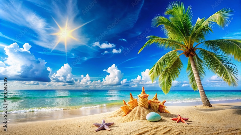 Obraz premium Beach Clipart Background: Summer Fun, Ocean Paradise, Seashell, Tropical, Sunny, Holiday, Vacation, Coastal, Sandcastle, Wave, Sunset, Seagull, Palm Tree, Relaxing, Blue Ocean, Bright,
