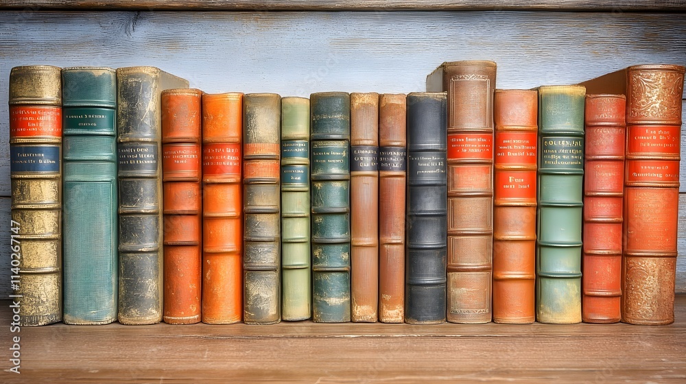 Naklejka premium A collection of vintage books arranged neatly on a wooden shelf.