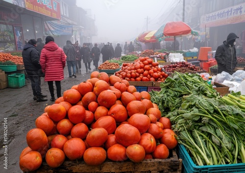 A bustling market scene shrouded in fog, featuring vibrant pumpkins and fresh greens, with shoppers browsing amid colorful stalls. photo