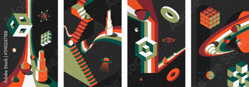 Abstract psychedelic posters with retro 1980s surreal space theme. Cosmic landscapes, optical illusions and geometric designs. Vibrant graphic banners with vintage inspired spheres and stairs photo