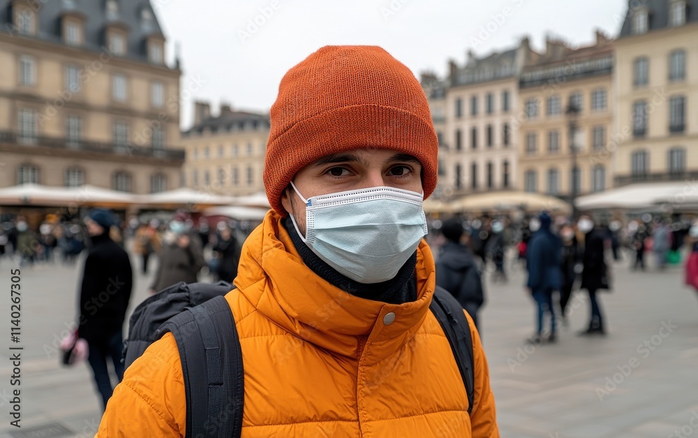 PM2.5 crisis concept. A young man in an orange jacket and knitted hat stands in a bustling plaza, wearing a mask amid a crowd. PM2.5 crisis concept. A young man in an orange jacket and knitted hat stands in a bustling plaza, wearing a mask amid a crowd.