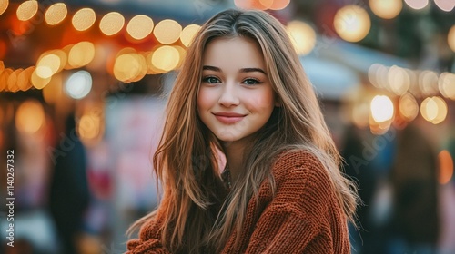 Young woman smiling in a christmas market with blurred lights