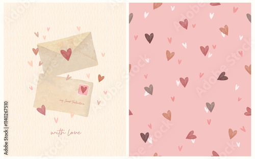 Happy Valentine's Day. Cute Valentine Card with Love Letters. My Sweet Valentine. With Love. Pink Seamless Vector Pattern with Hearts. Hand Painted Envelopes and Hearts on a Beige Background. 