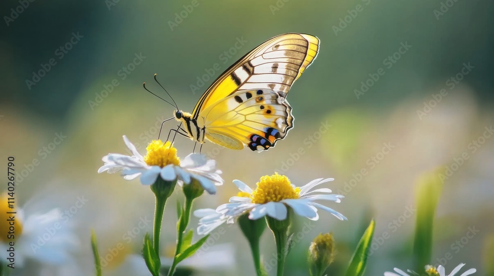 A Yellow Butterfly Perched on a Daisy in a Lush Meadow A Stunning Display of Nature's Beauty A Yellow Butterfly Perched on a Daisy in a Lush Meadow A Stunning Display of Nature's Beauty