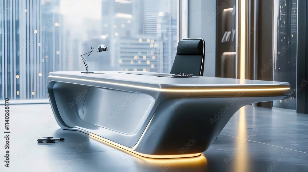Modern futuristic office desk with city view. Modern futuristic office desk with city view.