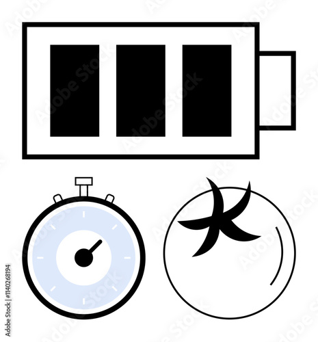 Battery stopwatch and tomato symbols. Ideal for energy conservation, time management, nature, productivity, sustainability, efficiency, and growth. Line metaphor