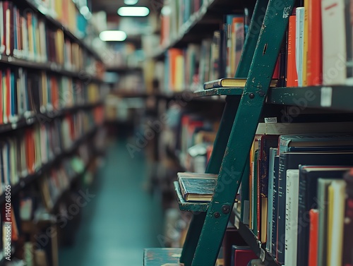 A cozy library scene with shelves filled with books and a ladder for reaching higher shelves. photo