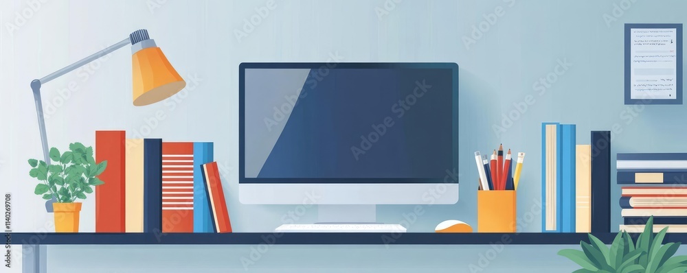 Computer home desktop concept. Home study desk, desktop and reference books, flat design illustration Computer home desktop concept. Home study desk, desktop and reference books, flat design illustration