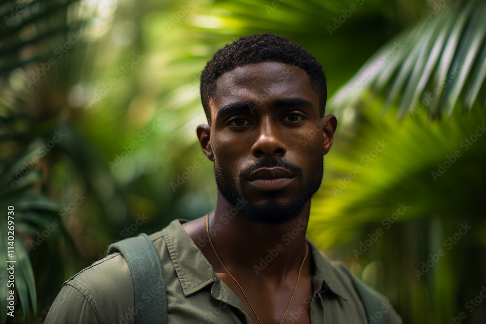 Photography of handsome nice man traveling in tropical island green rainforest generative AI Photography of handsome nice man traveling in tropical island green rainforest generative AI