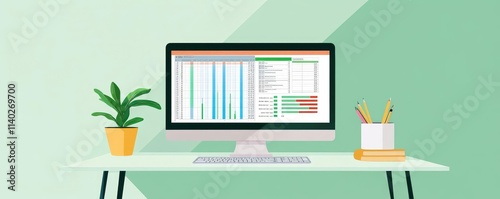 Computer home desktop concept. Home workspace, desktop with spreadsheet open, flat design illustration
