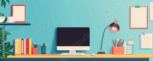 Computer home desktop concept. Home study desk, desktop and reference books, flat design illustration