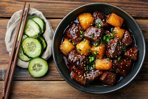 Bird s eye view of spicy Korean topokki alongside braised potatoes pickled cucumbers chopsticks and a cotton napkin on a wooden table photo