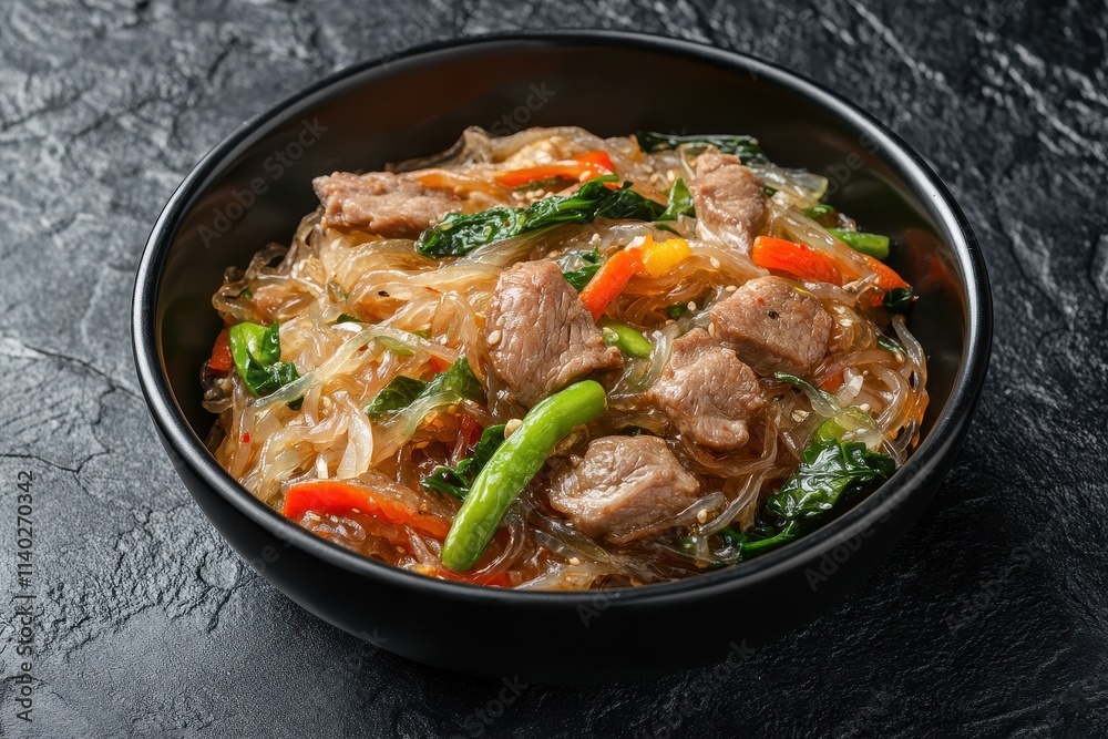 Black bowl of japchae on slate table Authentic Korean noodle dish with meat and vegetables Asian traditional food Overhead view Black bowl of japchae on slate table Authentic Korean noodle dish with meat and vegetables Asian traditional food Overhead view