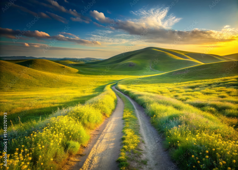 scenic view of softly rolling hills covered in lush green grass, with winding dirt road leading through vibrant wildflowers under beautiful sky scenic view of softly rolling hills covered in lush green grass, with winding dirt road leading through vibrant wildflowers under beautiful sky