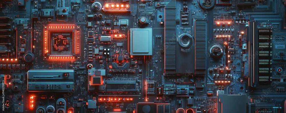 Fototapeta premium Complex electronic circuit board pulsating with red lights