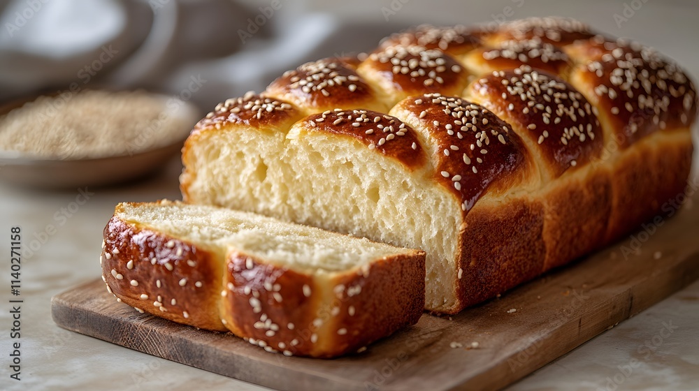 Artisanal brioche loaf featuring golden-brown crust and detailed crumb structure, garnished with sesame seeds and photographed against soft beige background. Artisanal brioche loaf featuring golden-brown crust and detailed crumb structure, garnished with sesame seeds and photographed against soft beige background.