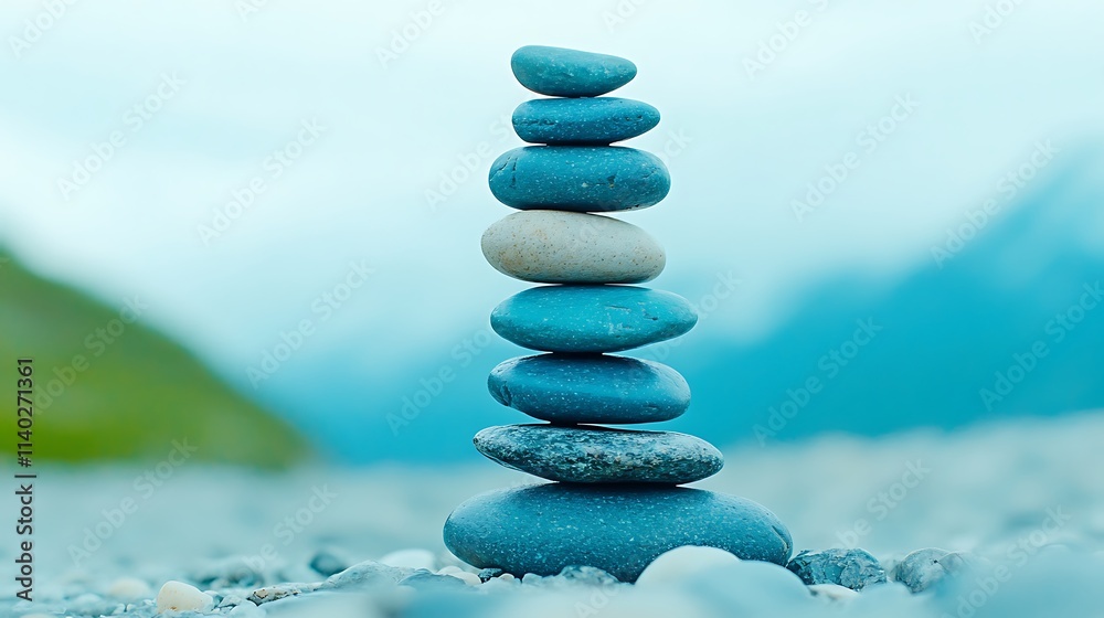 Tranquil Stacked Stones on Calm Beach with Soft Blue Background Tranquil Stacked Stones on Calm Beach with Soft Blue Background