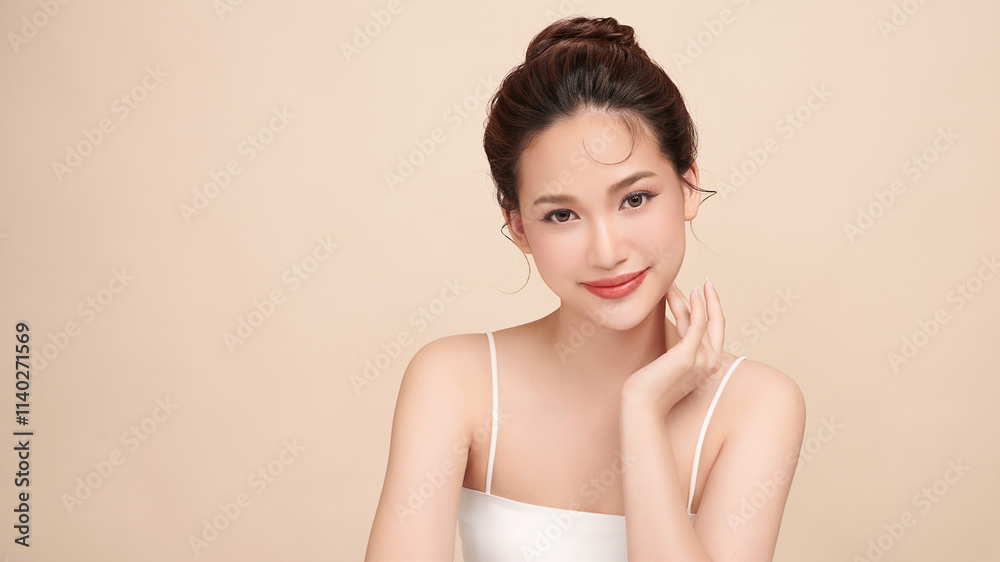 Beautiful young asian woman with clean fresh skin on beige background, Face care, Facial treatment, Cosmetology, beauty and spa, Asian women portrait.