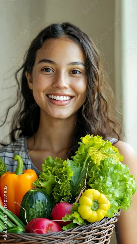 Smiling woman holding basket of fresh vegetables in bright kitchen setting Smiling woman holding basket of fresh vegetables in bright kitchen setting