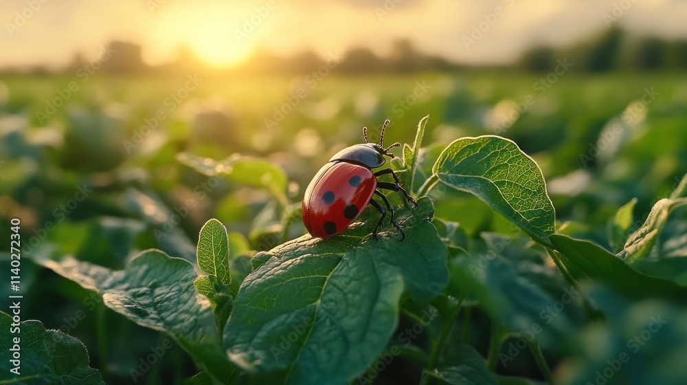 Fototapeta premium Ladybug on green leaf at sunset.