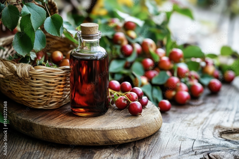 Bottle of hawthorn tincture basket of thorn apples on wooden board Herbal remedy Bottle of hawthorn tincture basket of thorn apples on wooden board Herbal remedy