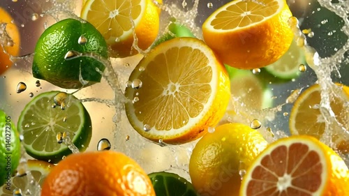 Vibrant citrus explosion with slices of orange and lime splashing in water