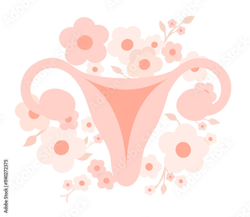 Uterus. Female reproductive system surrounded with flowers. Vector isolated illustration. Soft pink color