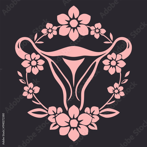 Uterus icon. Female reproductive system surrounded with flowers. Simple vector illustration isolated on dark background. Soft pink color