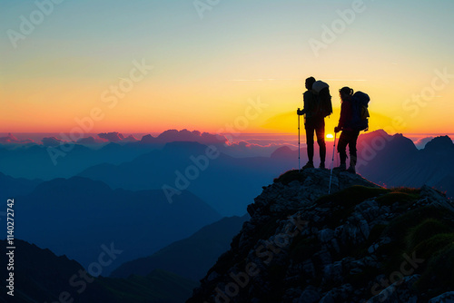 Hikers with backpacks enjoying sunset scenery generative ai image