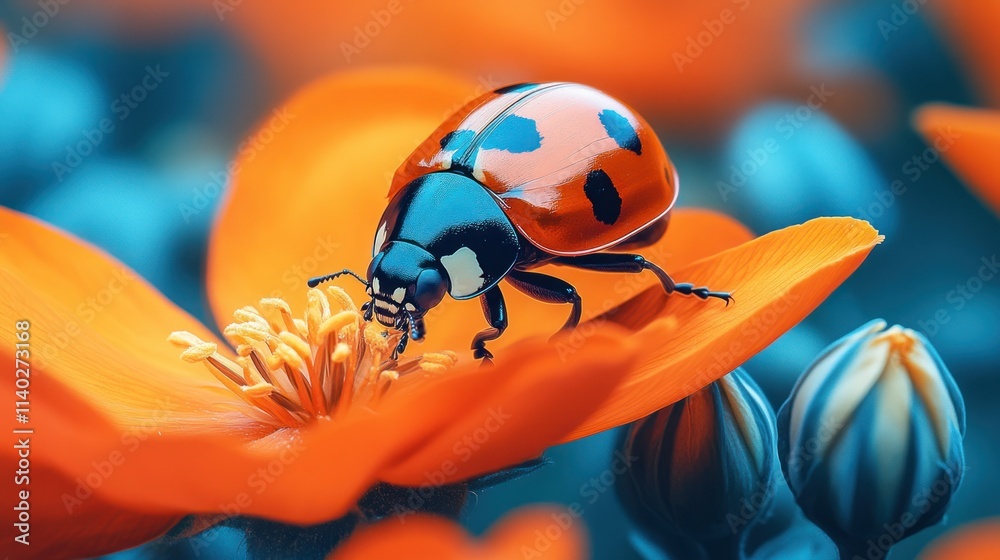Fototapeta premium Ladybug on orange flower petal.