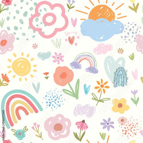 Cartoon kids illustration with hand drawn flowers, rainbows, hearts, clouds and sun. Vector illustration, doodle.