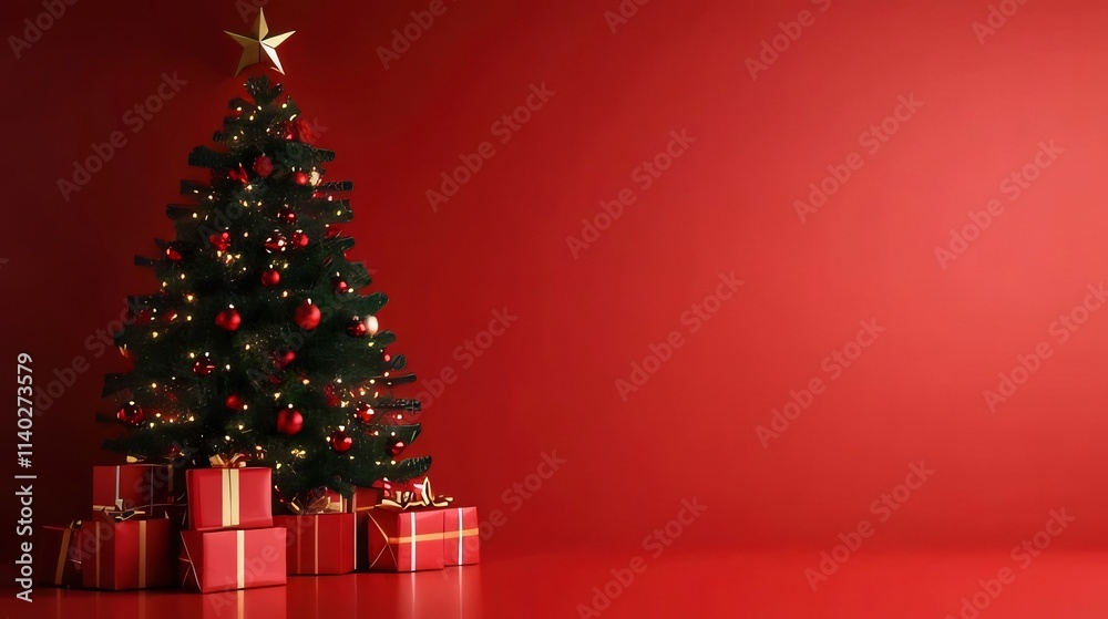 Decorated Christmas tree with presents against a red background. Decorated Christmas tree with presents against a red background.