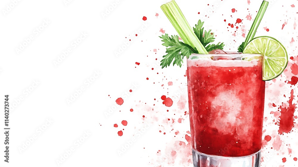 Captivating Watercolor Illustration of a Refreshing Cocktail with Celery and Lime Garnish on a Splashy Red Background Captivating Watercolor Illustration of a Refreshing Cocktail with Celery and Lime Garnish on a Splashy Red Background
