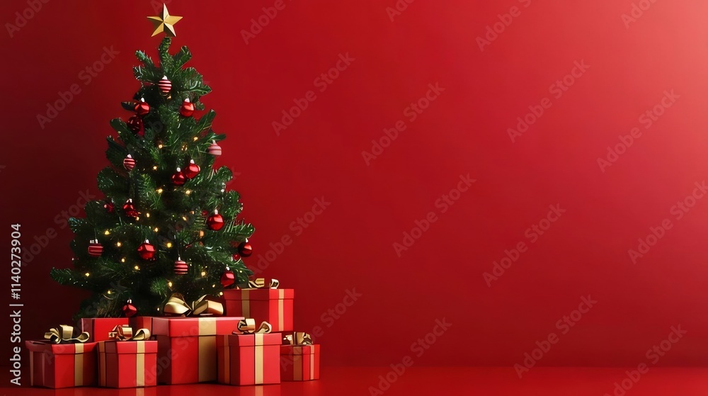 Decorated Christmas tree with red gifts against a red background. Decorated Christmas tree with red gifts against a red background.