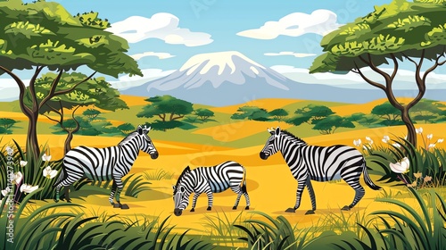 A cartoon illustration of a savannah with three zebras and a mountain in the distance. photo