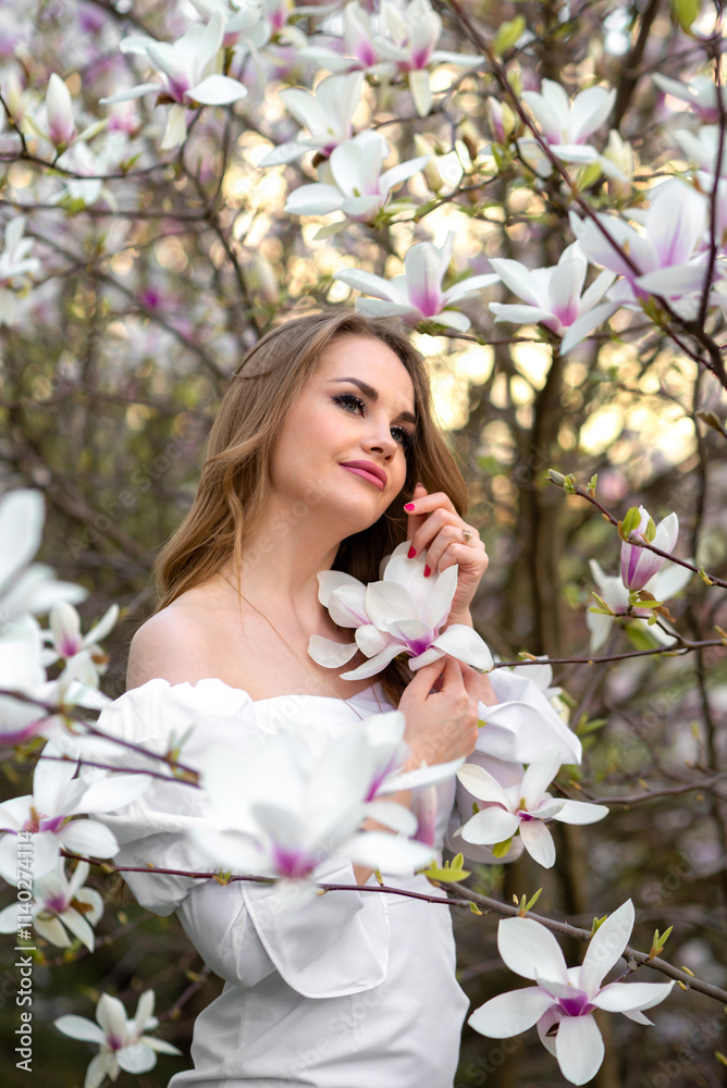 Magnolia. Magnolia Tree Garden. Young beautiful girl in magnolia tree flowers. Magnolia. Magnolia Tree Garden. Young beautiful girl in magnolia tree flowers.