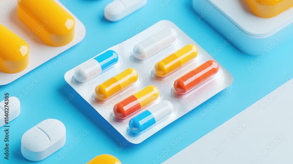 Colorful Capsules and Tablets on Bright Blue Background Colorful Capsules and Tablets on Bright Blue Background
