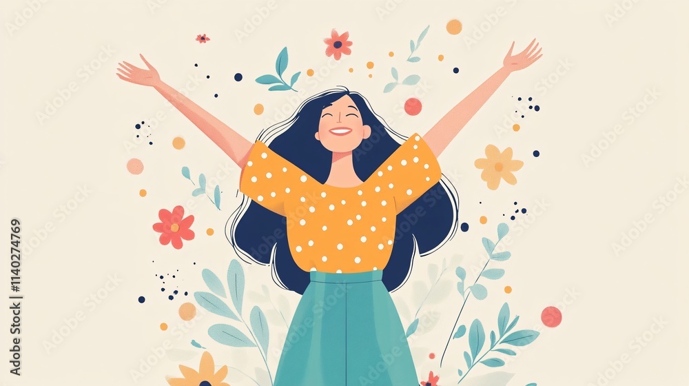 Obraz premium Happy woman raising arms surrounded by flowers and plants expressing freedom and happiness