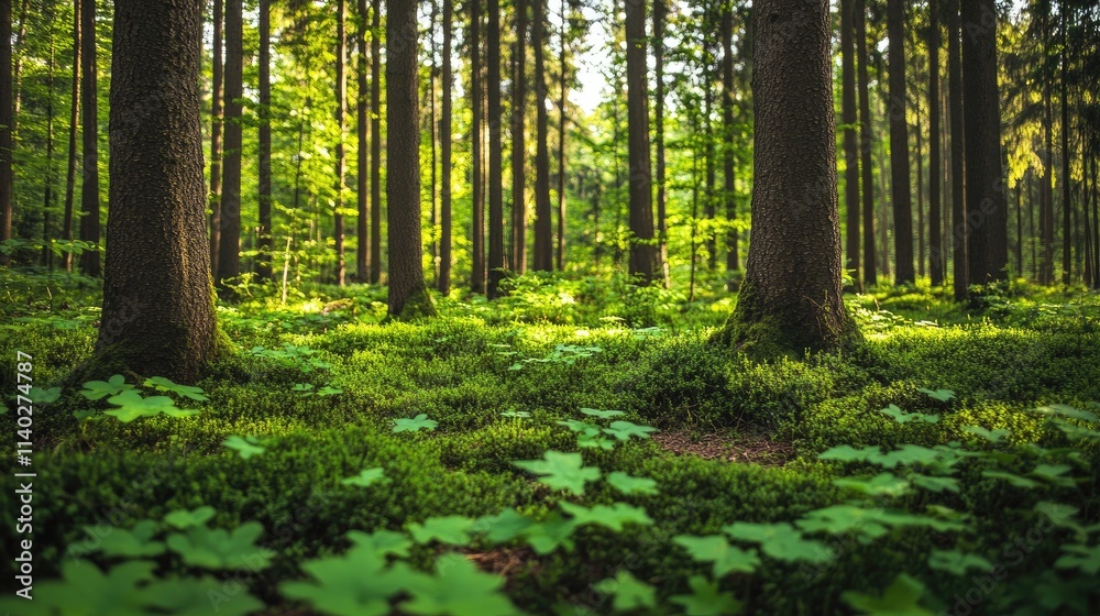 Obraz premium Lush Green Forest with Sunlight Filtering Through Tall Trees