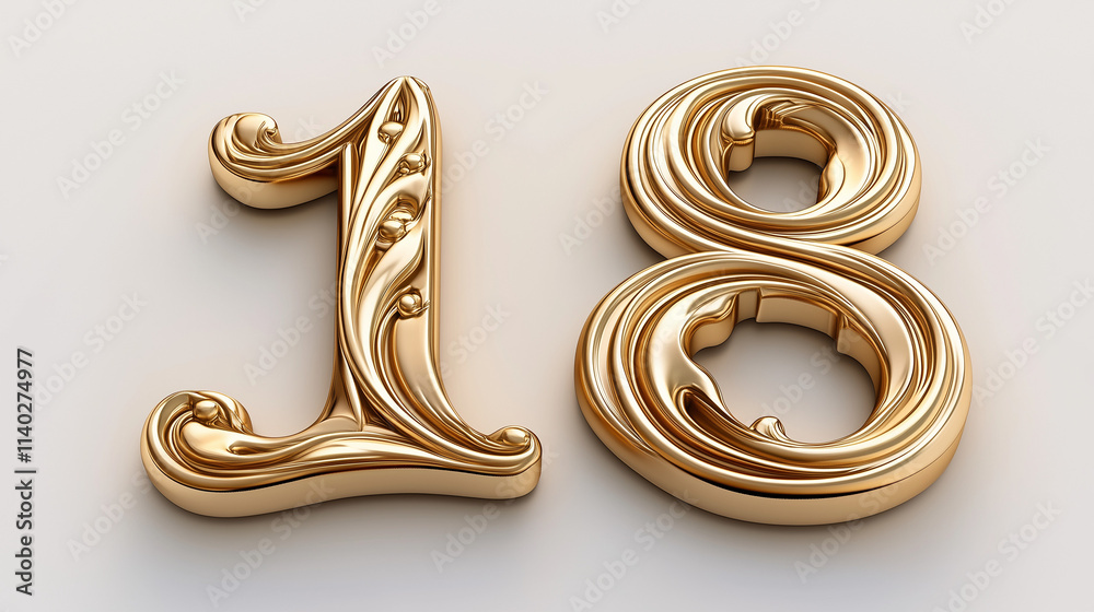 Numero 18 dorato. Stile ricercato. Diventare maggiorenni. Sfondo bianco. Numero 18 dorato. Stile ricercato. Diventare maggiorenni. Sfondo bianco.