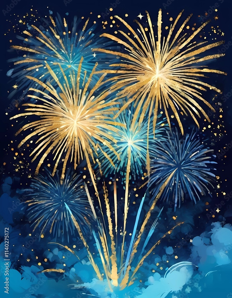 Fototapeta premium Colorful fireworks illuminate the night sky as people celebrate the New Year. Bursts of gold and blue spark joy and excitement, marking a fresh start. Fireworks explode against dark sky. Generative AI
