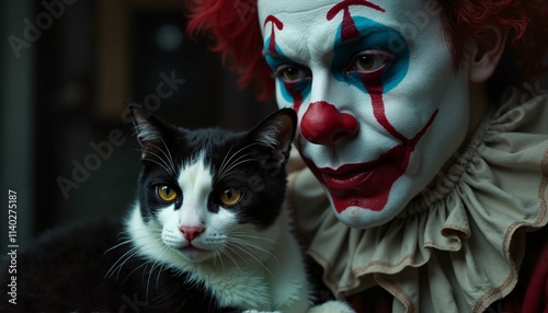 Melancholic clown with tear-stained face holding black and white cat on lap