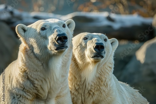 two polar bears standing next to each other.