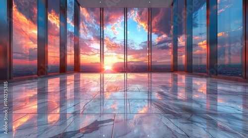 A modern interior with marble floors and large windows showcasing a sunset view.