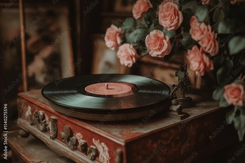 Obraz premium Spinning vinyl on a vintage record player amidst blooming roses and nostalgia. Generative AI
